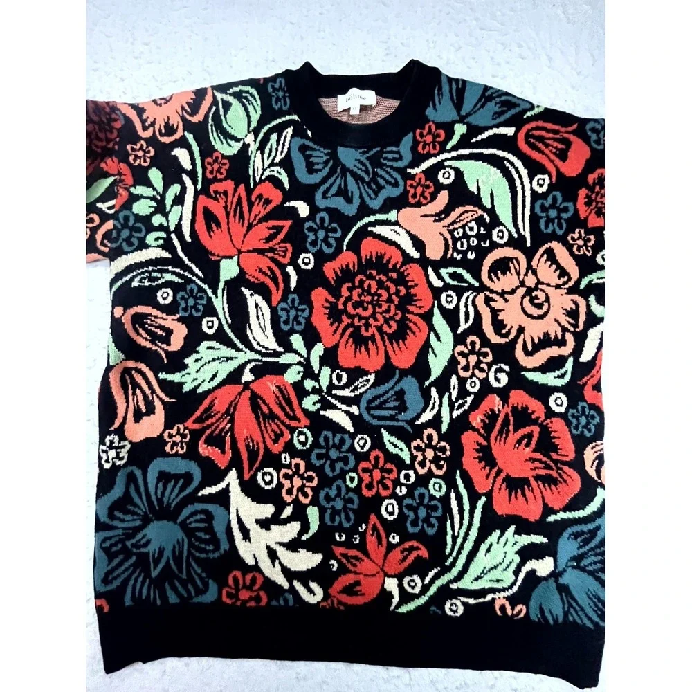 Bohme Sweater Womens XL Multicolor Floral Tight Knit Crew Neck Thermal Boho